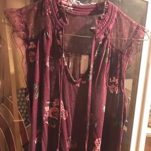 Maroon floral blouse with peekaboo lace